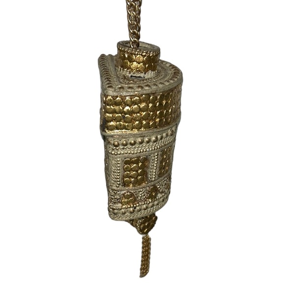 Vintage Handmade Ivory Metallic Gold Wood Curved Box Chain Tassel Crossbody - Picture 5 of 11